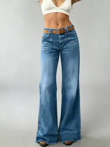 Women Double Stitched Oversized Square Front & Back Patch Pocket Wide Leg Jeans, High Waist Soft Stretch Raw Frayed Hem Full Length Floor-Grazing Loose Denim Trousers, Black Light Medium Blue Multi Color Options