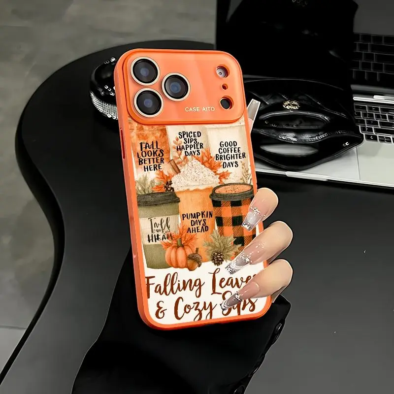 Autumn Pumpkin Coffee Drink Illustration Print Phone Case. Fits iPhone 18 ProMax, iPhone 17 ProMax,16 ProMax,15plus,14,13. Camera Lens Protector, Shockproof Drop Proof Protective Cover