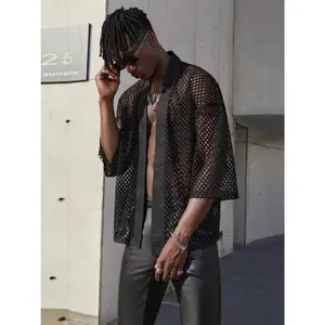 Men's See-Through Top — Music Festival Style: 70s Retro Streetwear-Inspired Mesh Cardigan & Shawl. A Sexy, Hollow-Out Tee Perfect for Rock Concerts and Nightclub Parties.