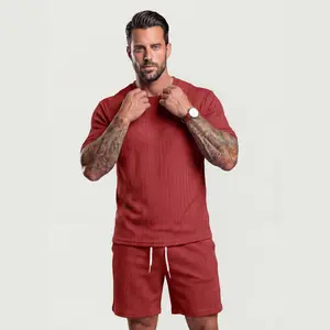 KZZ vacation outfits Two-Piece Set Men's Solid Textured Drop Shoulder Short Sleeve Tee & Drawstring Waist Shorts Set, Spring & Summer Clothes, Loose Casual Fashion Crew Neck christmas gifts for him Tropical