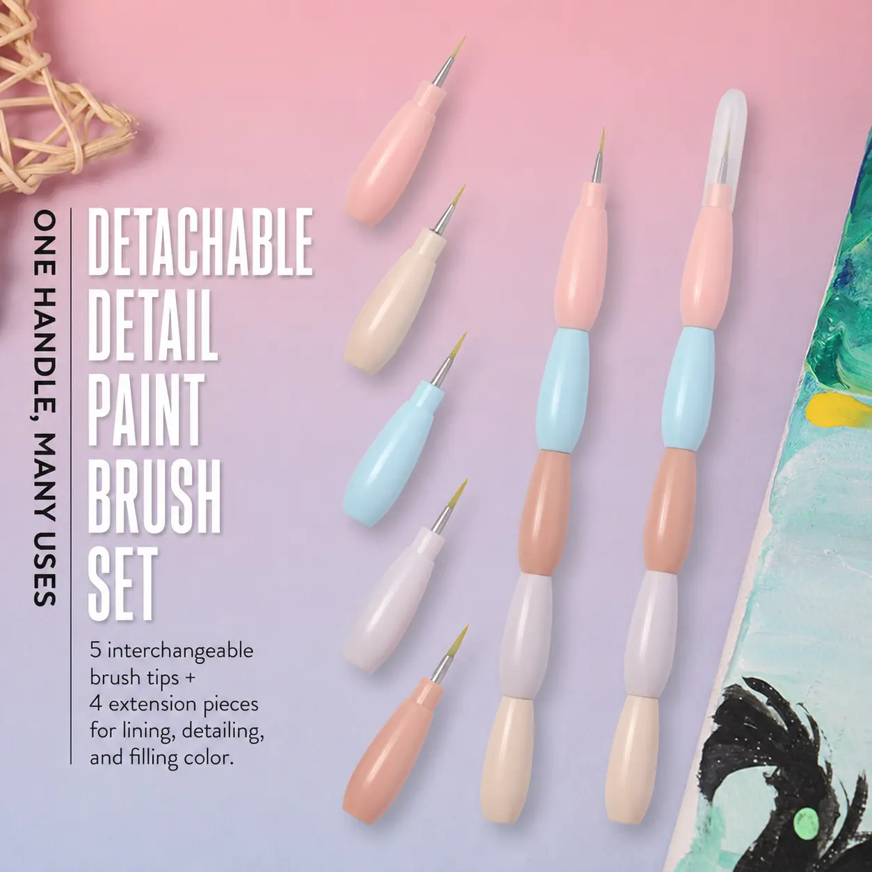 5-in-1 Detachable Detail Paint Brush Set, Interchangeable Fine Tips for Paint by Numbers, Acrylic Painting & DIY Art