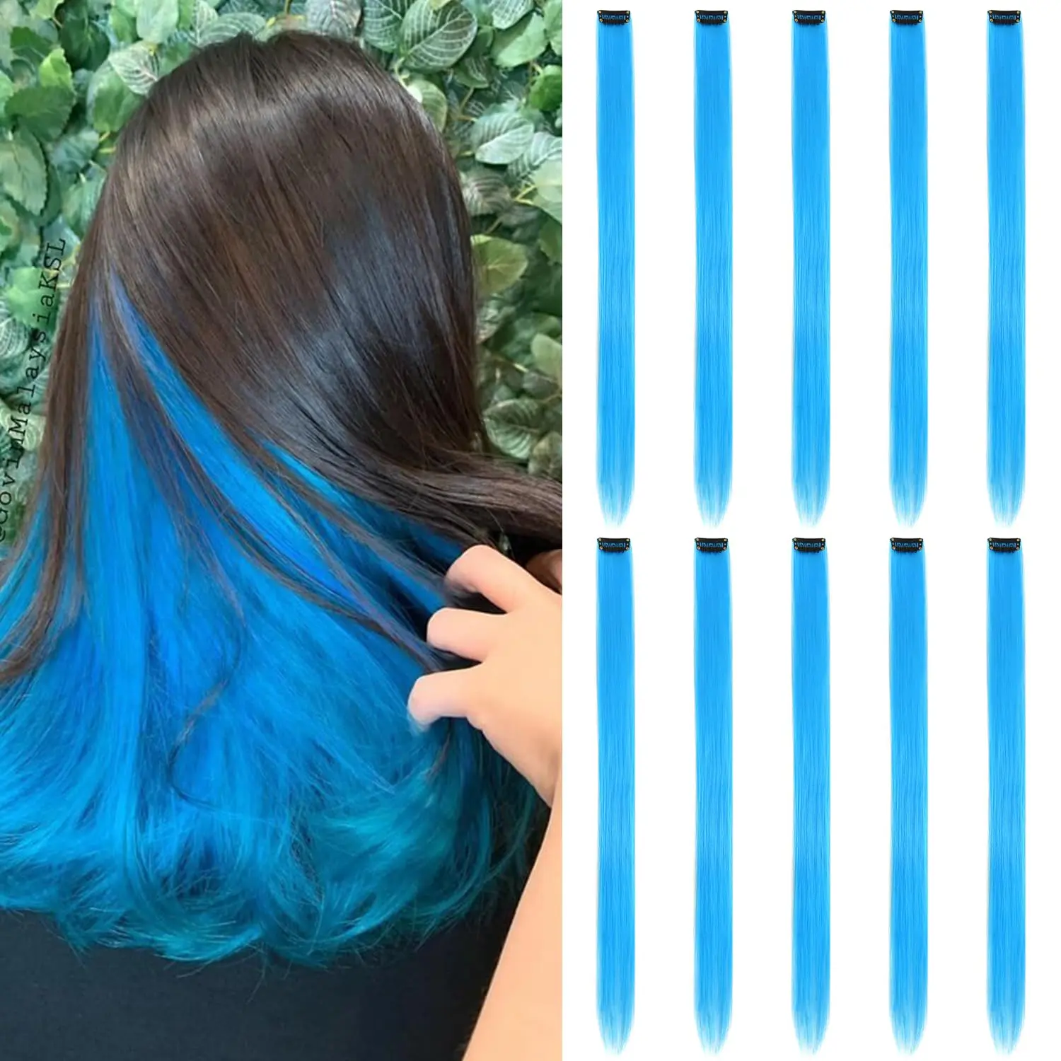 Blue Colored Hair Extensions Clip in Synthetic Hairpiece Highlight Hair Pieces For Women Girls Party Cosplay Daily Hair Decor 10Pcs