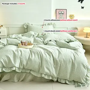 3pcs Classic Blue Plaid Bedding Set, Soft ruffles duvet cover and Pillowcases(without any filling), Zipper Design, Easy Wash, Comfortable Fabric, All Seasons