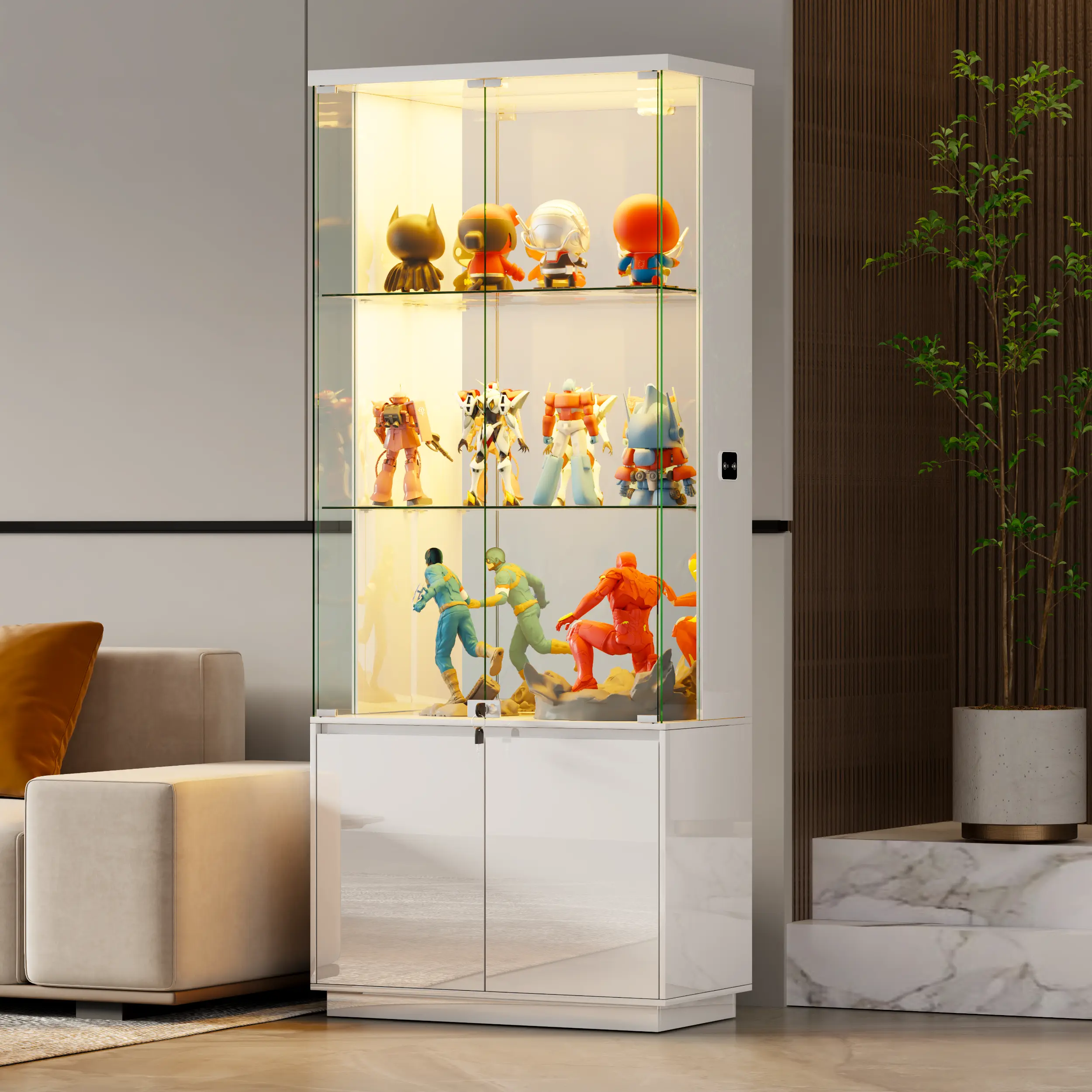 MIU 71" Tall Glass Display Cabinet - with LED Lights & Human Sensor, Locking Curio Cabinet with Adjustable Shelves, Modern Bookcase Display Case for Collectibles, Toys, Books, Living Room White/Black