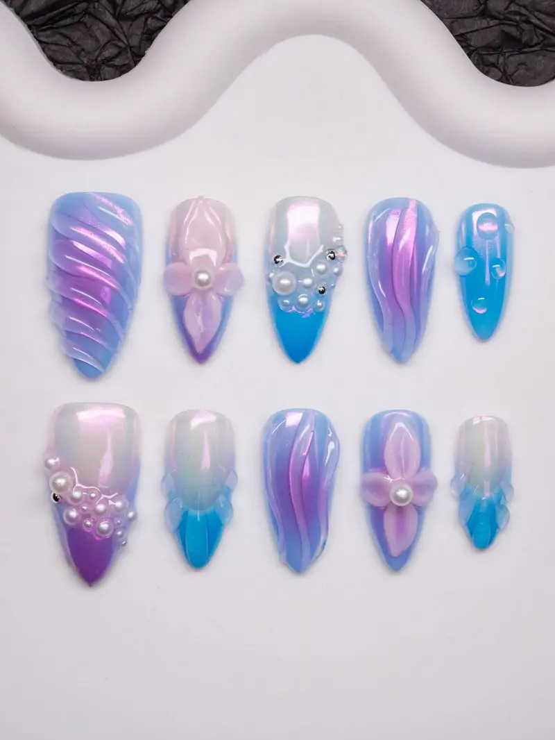 10pcs Medium Almond Press On Nails Purple Blue And Nude French Edge With Floral Engraved Pattern And Pearl Finish For Daily Wear