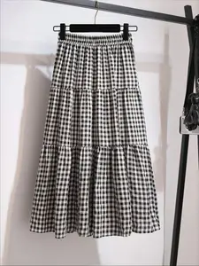 Cute Plaid Print Layered Dress for Women, Womenswear Bottom, High Waist Elastic Waistband, Flowy Frill Midi Skirt, Casual Loose-Fitting All Seasons