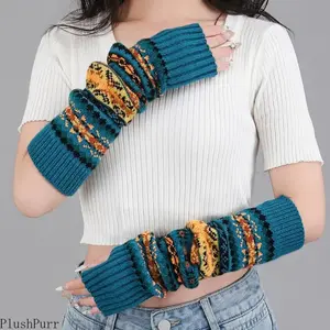 Women's Bohemian-Style Striped Fingerless Gloves Thickened Extra-Long Arm Warmers Non-Stretch Warm Hand Protection Multicolor Fall Winter Accessory Hand Washable