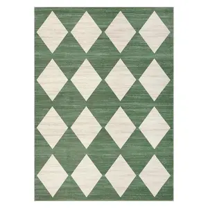 10 x 13 ft Polyester Green Rectangular Living Room Bedroom Dining Room Modern Geometric Diamond Print Machine Washable Area Rug-C