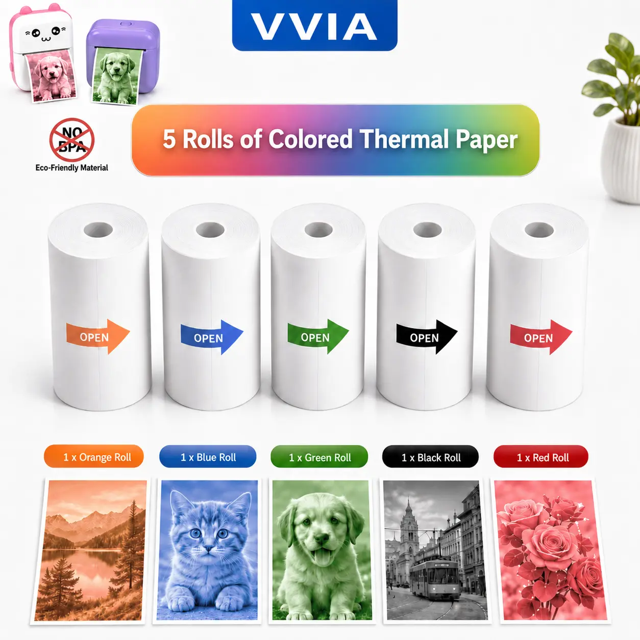 5 Rolls Eco-Friendly BPA-Free Coreless Color Thermal Receipt Paper (57mm x 5m) for Business, Office Mini Pocket Portable Thermal Printers, All Ages Use, Bisphenol A (Bpa)