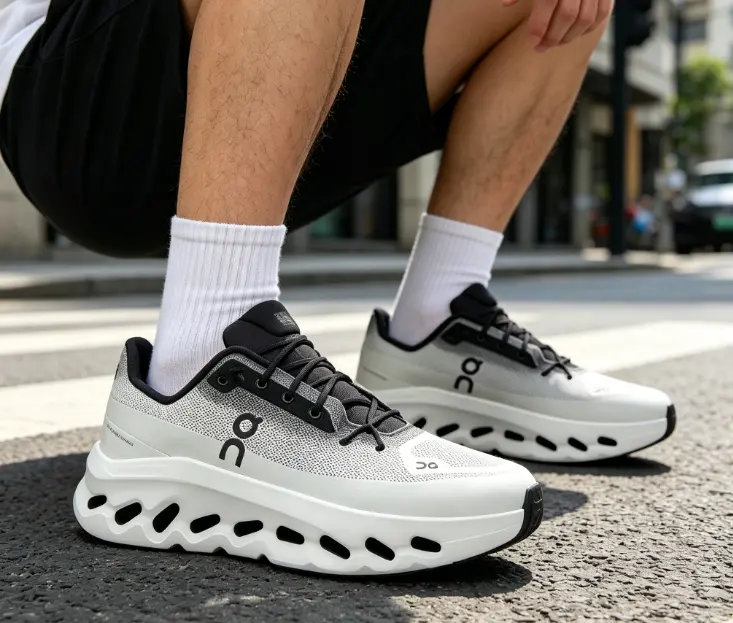 On running grey white gradient unisex running sneakers, breathable knit mesh upper, signature hollow cloud cushion midsole, soft cushioning for jogging and city daily wear.