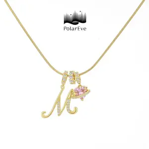 PolarEve 14K Gold Plated 3-Layering Initial A-Z Letter Pendant Necklaces for Women Snake Chain Choker Pink Heart Zircon Adjustable Length Necklace Jewelry