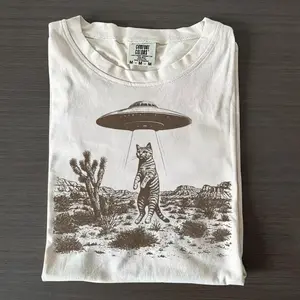 Comfort Colors UFO Cat Western T-Shirt, Ivory Shirt, Vintage Alien Graphic Tee, Funny Space Cat Top, Retro Sci Fi Gift