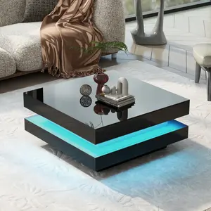 High Gloss Minimalist Design with LED Lights, 2-Tier Square Coffee Table, Center Table for Living Room, 31.5''x31.5''x14.2'',