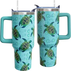 40 oz Sea Turtle Cup Tumbler with Handle Lid and Straw, Sea Turtle Gifts for Women, Cute Tumblers for Women, Teal Bottle Mug