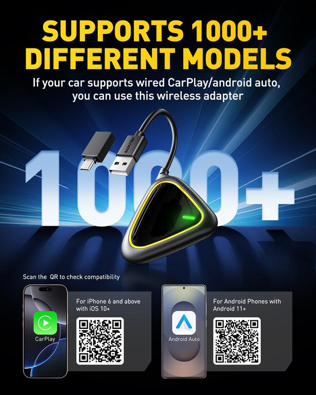 AUXITO 2 in 1 Wireless CarPlay & Android Auto Adapter, Converts OEM Wired CarPlay to Wireless, Plug & Play Seamless Connection for iPhone iOS 12+ & Android 11+, 2025 Upgraded