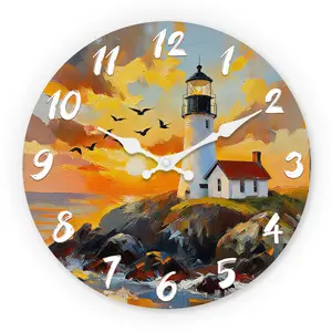 Sea View Lighthouse Wooden Wall Clock, 10-14 Inch Silent Clock, Aa Battery Powered, Ideal for Living Room Bedroom Study, Mother's Day Easter April Fools'
