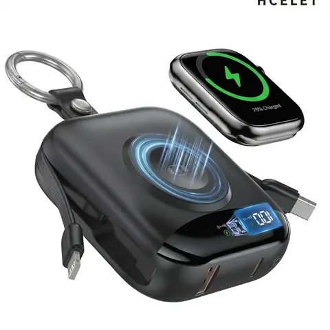 Hcelet 3-in-1 Compact Rechargeable Tech Power Bank Charger - 10000mAh Extended Capacity Battery Power Bank, Built-in USB-C & Lightning Cables, Magnetic Wireless Charger for Smart Watches, Keychain for Smartphones, Back to School