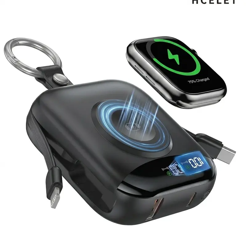 Hcelet 3-in-1 Compact Rechargeable Tech Power Bank Charger - 10000mAh Extended Capacity Battery Power Bank, Built-in USB-C & Lightning Cables, Magnetic Wireless Charger for Smart Watches, Keychain for Smartphones, Back to School