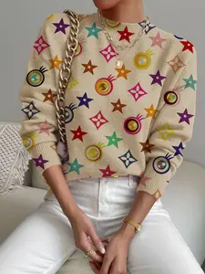 Women's Geometric Pattern Stand Collar Sweater, Fall Winter Casual Long Sleeve Knitwear, Comfortable Warm Daily Wear