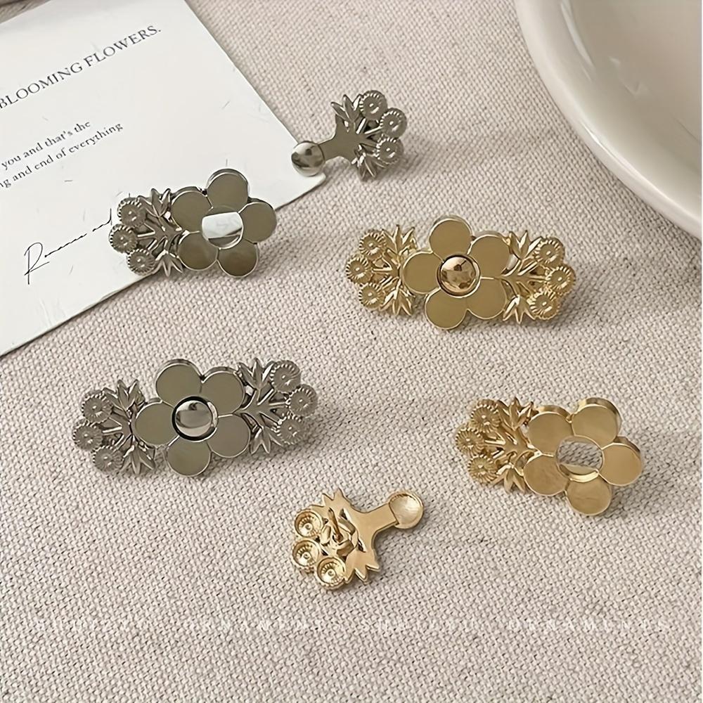 4-Pack Golden Floral Adjustable Waistband Tightener, Snap-On Jeans Button Pins, Metal Waist Reducer, No Sew Instant Fit Denim Flower Clasp