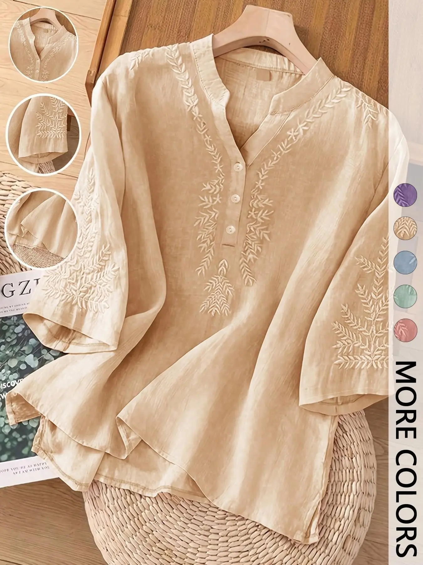 Women's Plain Embroidered Casual Loose V-Neck Button Blouse Shirts, Stylish Artistic Aesthetic Design Top, Comfortable and Versatile Wear