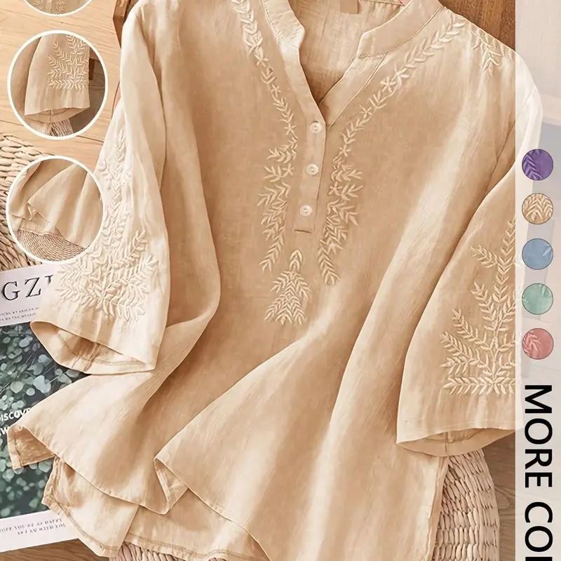 【Black Friday】Women's Loose Plain Embroidered Button Blouse, Casual Summer Top, Stylish Aesthetic Notched Neck Top, Comfortable and Versatile Wear