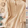 【Black Friday】Women's Loose Plain Embroidered Button Blouse, Casual Summer Top, Stylish Aesthetic Notched Neck Top, Comfortable and Versatile Wear