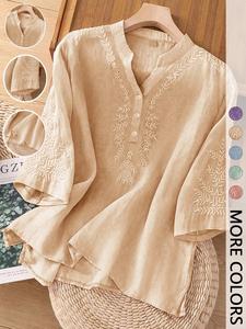 Women's Pure Color Embroidered Casual Loose V-Neck Button Blouse Shirt Top, Stylish Artistic Design, Comfortable and Versatile Wear