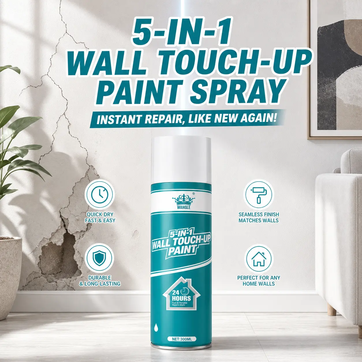 5-in-1 Wall Touch-Up Paint Spray - White Latex Drywall Touch-Up Repair Spray, Viral DIY Household Renovation Supply, Multi-Functional Wall Patching Tool Masks Minor Stains, Ideal for Indoor Wall Surface Restoration & Daily Home Wall Maintenance