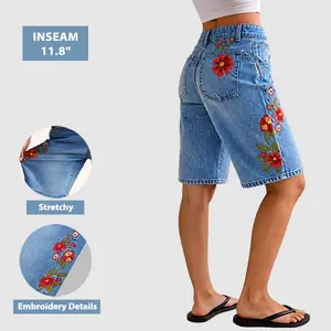 Flamingals Wash Floral Embroidery V Yoke Mid Rise Straight Leg Denim Bermuda Shorts Womenswear Stretchy 11.8" Inseam Summer Vibes