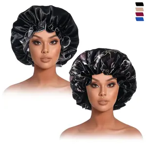 2pcs, Double-layer Satin Bonnet, Fungus Edge Elastic Printed Round Nightcap, Double-sided Satin Hair Care Cap