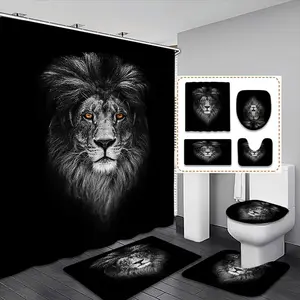 Creative Lion Portrait Shower Curtain Set, 2 Specifications Available, Includes 12 Plastic Hooks, Non-Slip Mat, Toilet Lid Pad