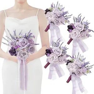 TINGE TIME 7 Inch Artificial Flowers Wedding Bouquets for Bridesmaid, Set of 4, Lavender Bride Tossing Bouquet for Rustic Wedding Ceremony Bridal Shower Rehearsal Dinner Vintage Party Decor Decorative