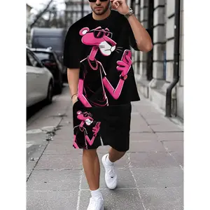 Men's Pink Panther Graphic T-Shirt + Shorts Set - Casual, Regular Fit, Polyester Knit Fabric, Urban Streetwear for Outdoor Activities