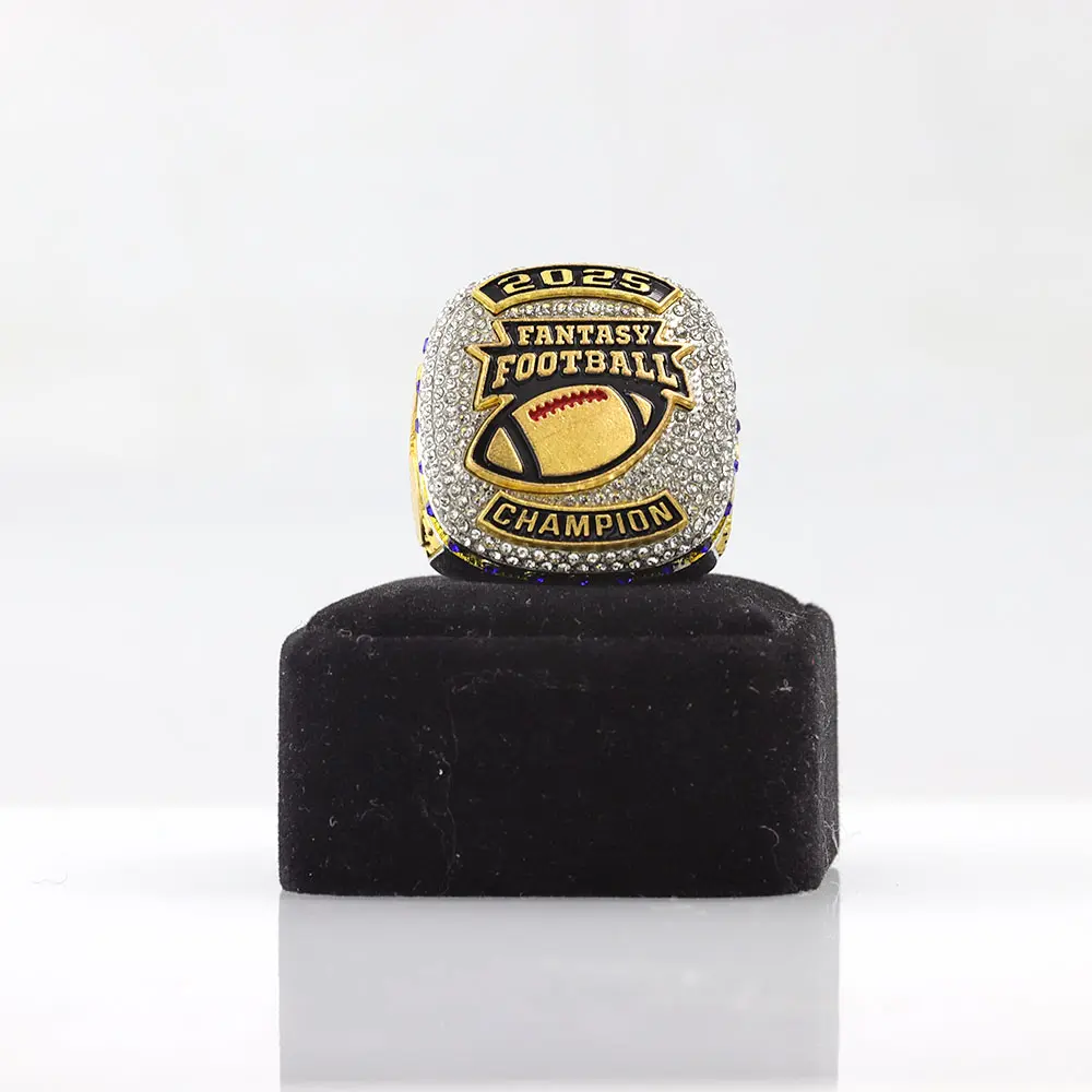 2025 Fantasy Football Event Award Ring - Unisex Customized Commemorative Award Ring, Central Rugby Ball Embedded Design, Diamond or Imitation Diamond Decor, Fashion Costume Jewelry Accessory for Fantasy Football Fans, Trophy Ring