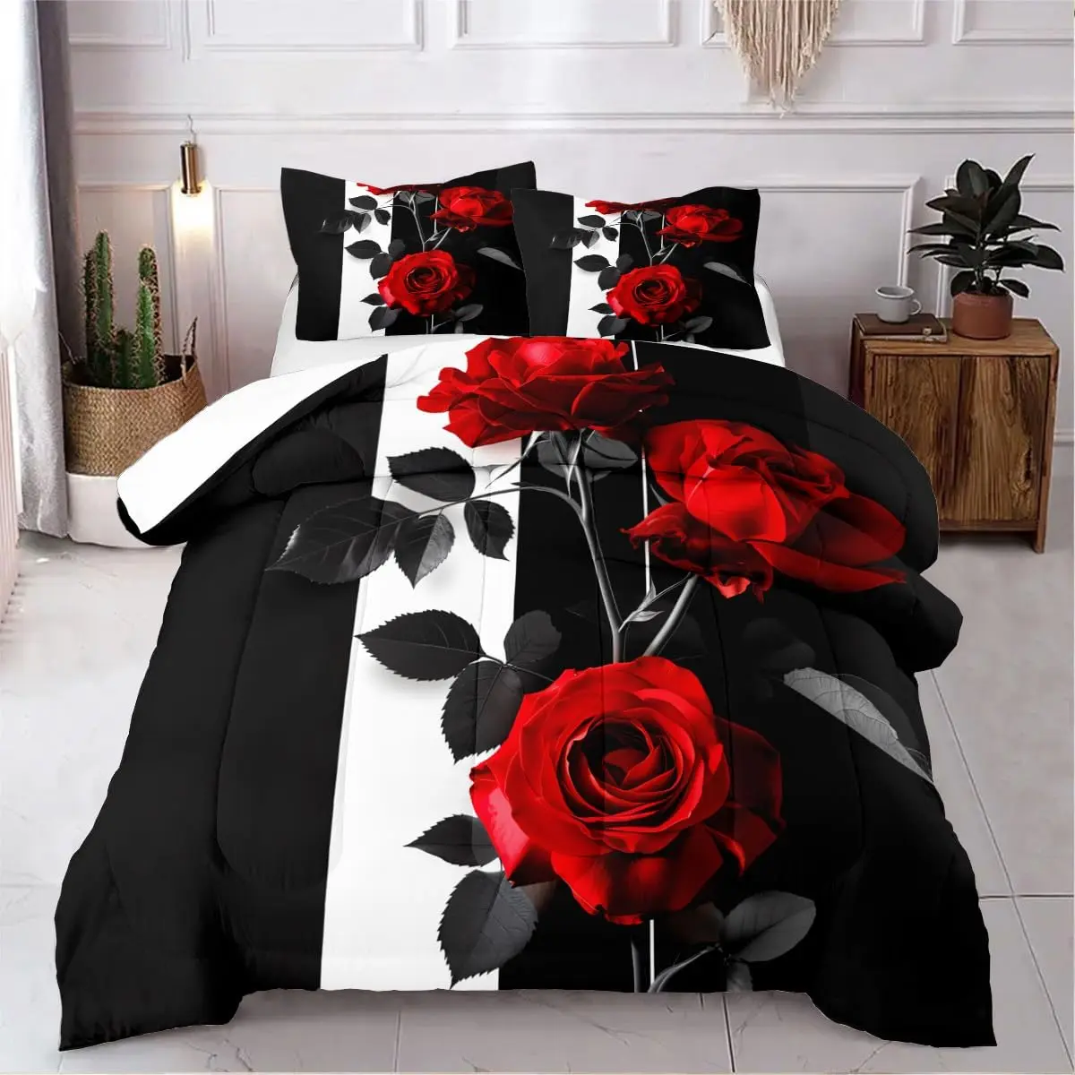 Women's 3-Piece King Size Modern Microfibre Comforter Set - Durable, Fade-Resistant, Ultra-Lightweight, Breathable, Striped Black Floral Rose with 2 Pillowcases, Machine Washable