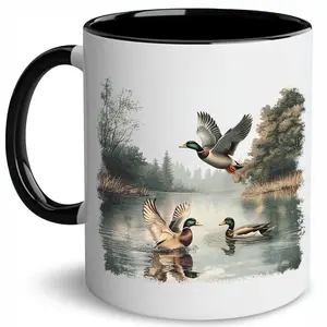 Retro Mallard Ducks Coffee Mug, Retro Fall Pond Accent Mug, 90s Waterfowl Duck Tea Cup, Forest Nature Ceramic 11Oz 15Oz Mug