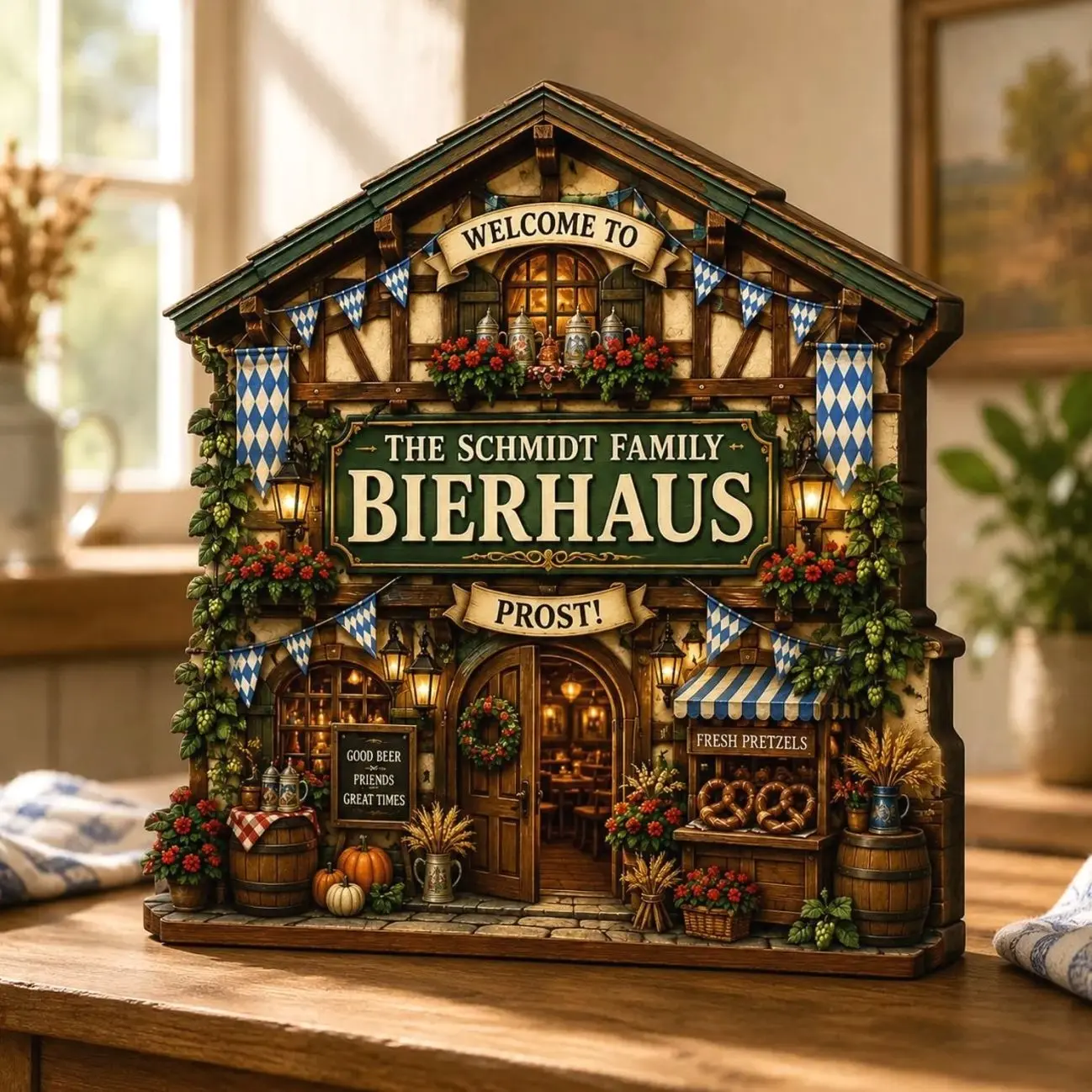 Personalized Oktoberfest Bierhaus Wooden Block, Custom Bavarian Beer Hall Shelf Sitter, Family Oktoberfest Decor, Rustic Fall Gift