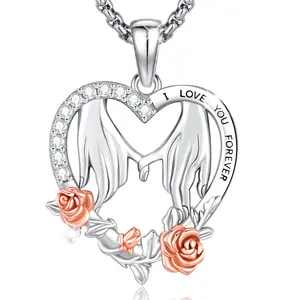 DRINSPER Heart Rose Lovers Necklaces 925 Sterling Silver Necklaces for Valentines Mothers Day Christmas Birthday Jewelry Gift for Women Mom