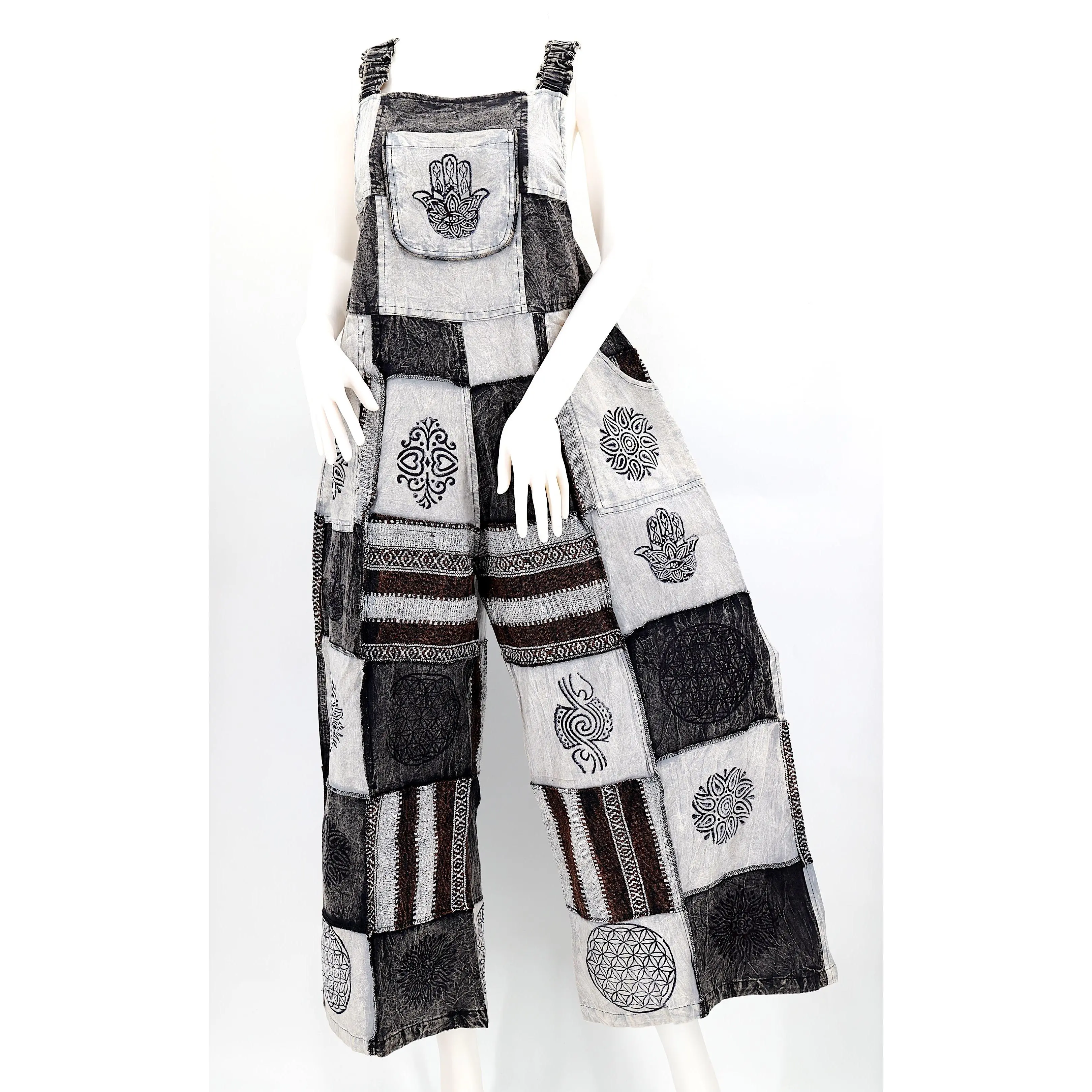 Black & White Patchwork Overalls | Gheri Wide Leg Cotton Jumpsuit
