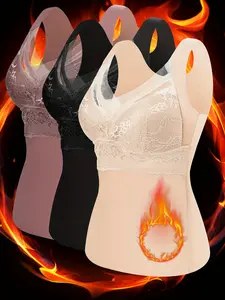 Women's Elegant Warm Sleeveless Vest Top, Tank Top, High Stretch Fitted Thermal Underwear, Pure Color Design, Comfortable Fabric Lace, Fall & Winter Essential