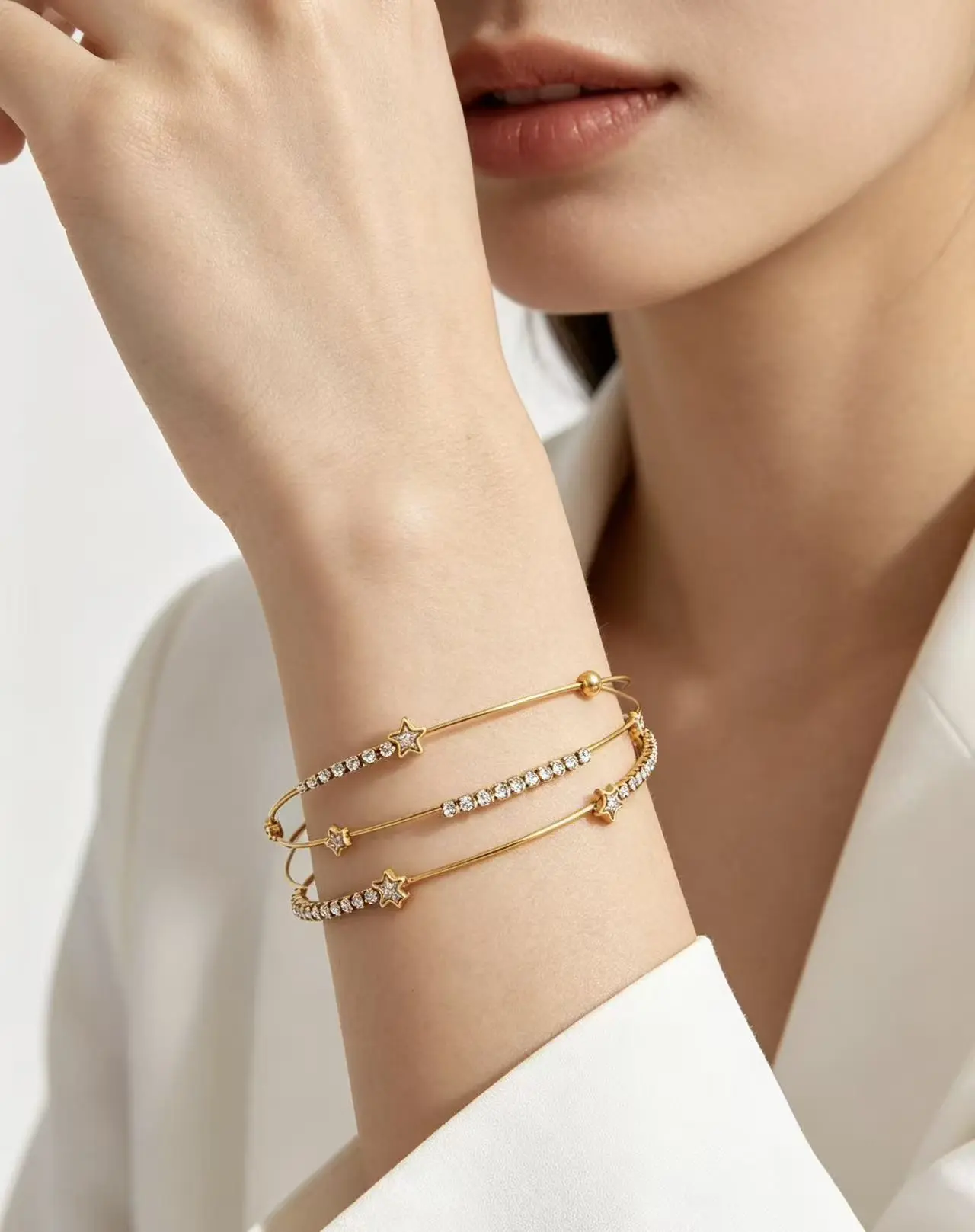 Emma's Heart 18K Gold Plated Triple Layer Star Zircon Open Cuff Bangle - Light Luxury Celestial Multilayer Bracelet, Tarnish-Resistant Jewelry Gift /4052