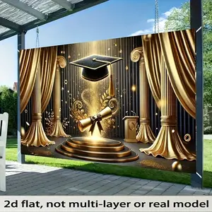 2D Flat Banner, 1pc Graduation Cap and Diploma on Golden Stage with Curtains and Columns Design Party[ Golden Luxury Style] Event Celebration[ Indoor and Outdoor. Decoration Banner