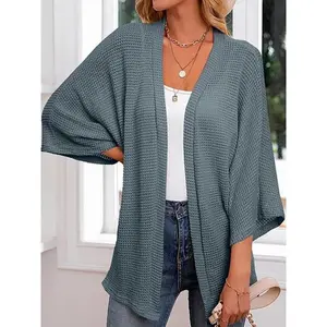 ??Plus Size?? Solid Textured Batwing Sleeve Open Front Cardigan, Casual 3/4 Sleeve Outerwear for Daily Wear, Women's Clothing for All Seasons
