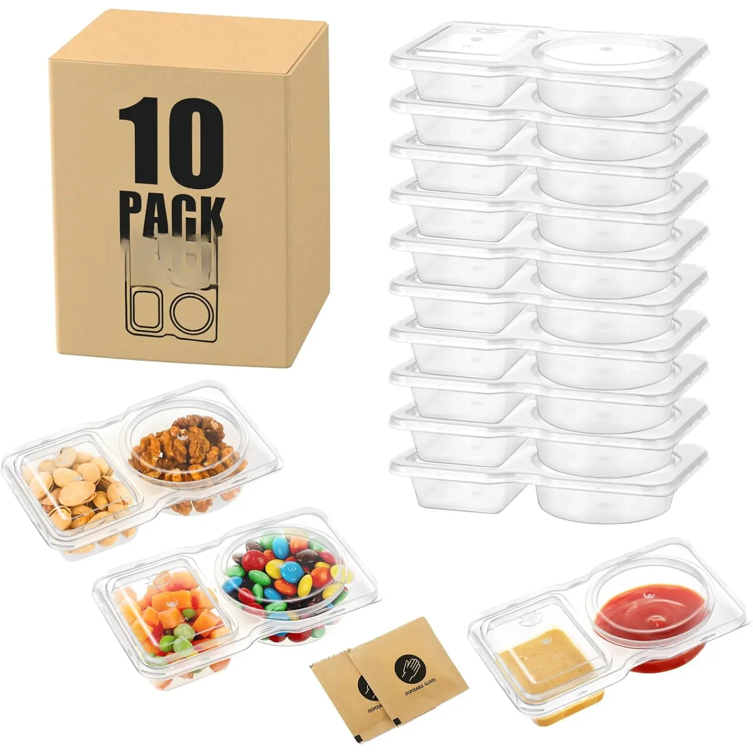 10-Pack Kitchen Leak-Proof Dual Compartment Containers with Lids - Sauce Cups for Dips, Condiments - the Takeout Choice, Ideal for Catering
