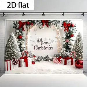Festive Fur Christmas Scene Banner, Snowflake Border Merry Christmas Archway, Snowy Evergreen Trees with Bow Decorations