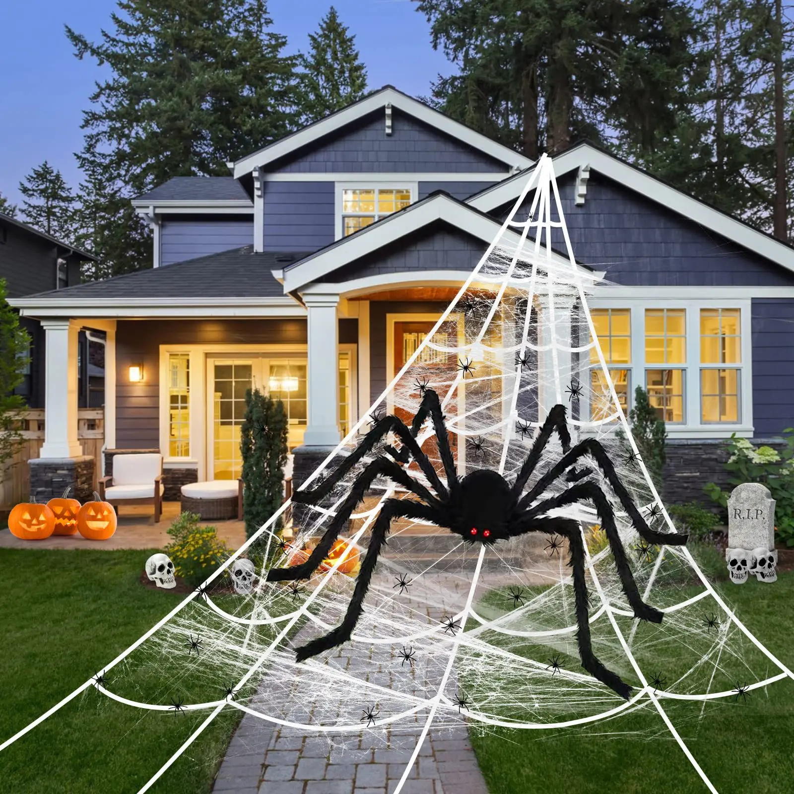 Halloween Giant Triangular Adjustable Outdoor Spider Web Decor - Haunted House Outdoor Decor, Spooky Effect, Large Scale, Included Spider, Ground Stakes