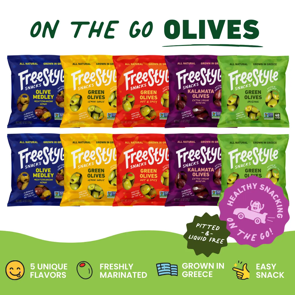 Freestyle Snacks 10-Pack Greek Olive Variety Pouches - All Natural Popular Finger Foods, 2 Bags Each Flavor (Original Green Olives, Lemon & Garlic, Hot & Spicy, Kalamata, Mediterranean Herb Medley), Healthy Snacks