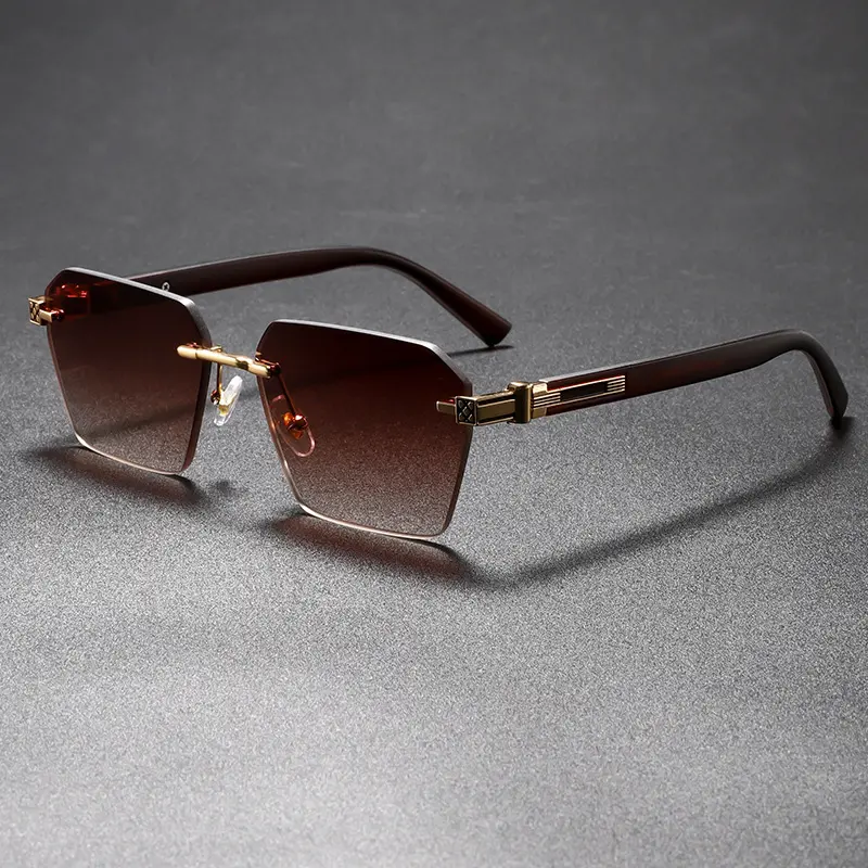 Unisex Rimless Square Alloy Sunglasses - Gold-Brown Metal Accents, Gradient Brown UV Protection Lenses with UV400 Shield, Alloy Metal