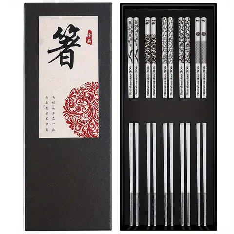Metal Chopsticks Gift Set - Kitchenware, Utensils, Reusable, Dishwasher Safe Stainless Steel Sushi Pairs with Elegant Patterns, Non-Slip, Japanese Chopsticks High Quality, Cute Sushi, Chopsticks for Beginners, Kitchen Essentials